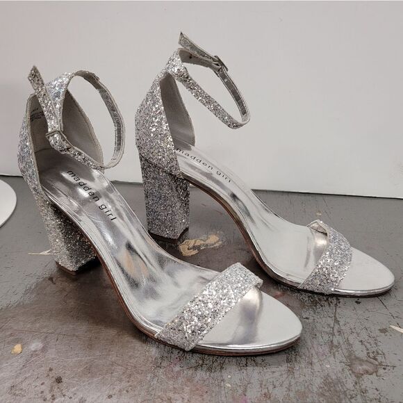 MADDEN GIRL Heels Women's 8.5 Silver Glitter Sparkle Open Toe Prom Wedding Eveni - Picture 5 of 14